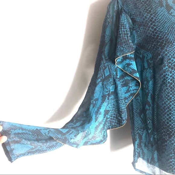 N) Thalia Sodi Sheer Ruffles Snake Print Blouse Top Teal Blue Black size Small - Picture 6 of 10